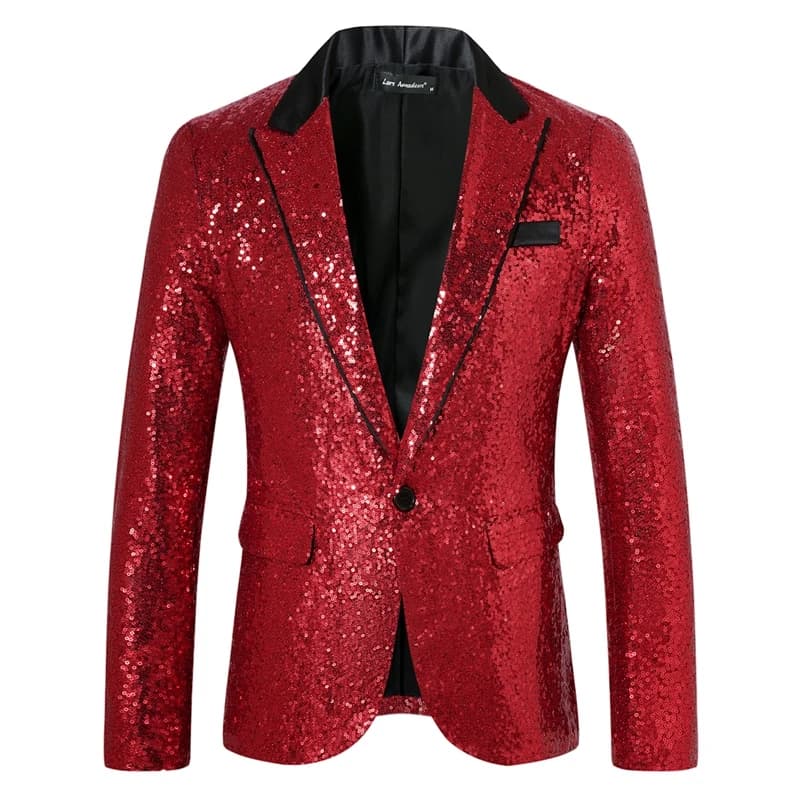 Nuovo Completo da Uomo di Lusso con Paillettes, Giacca Monopetto Rosso/Nero, Elegante per Cantanti, Presentatori, Matrimoni, Feste, Spettacoli Teatrali, Blazer