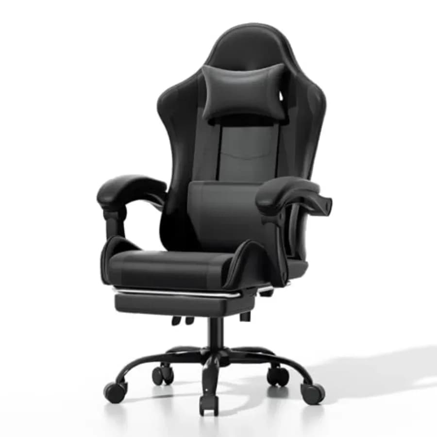 Ergonomic Gaming Chair with Footrest for home office use, mesh back and PU leather seat, black color, lumbar support and adjust