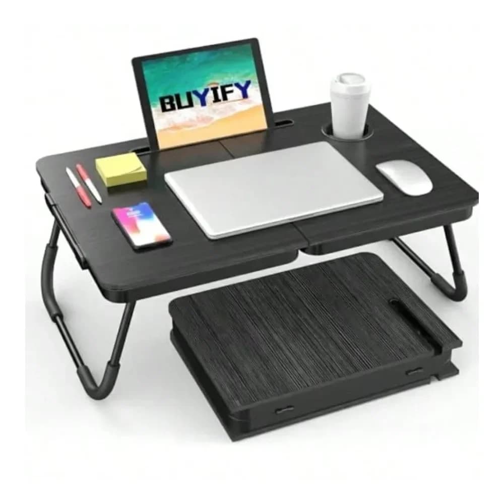Tavolino pieghevole per laptop da letto e divano, grande tavolino da bracciolo con portabicchieri e slot per tablet, supporto portatile per notebook