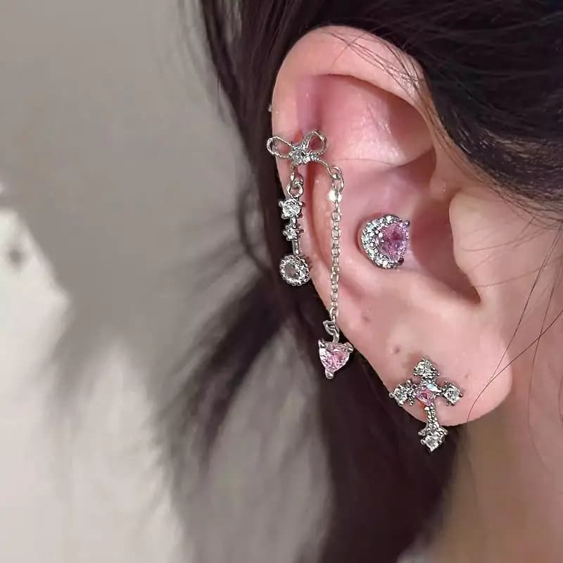 Orecchini a perno con fiocco e nappa, stile coreano, con zirconi scintillanti, in acciaio inossidabile, per donna.
