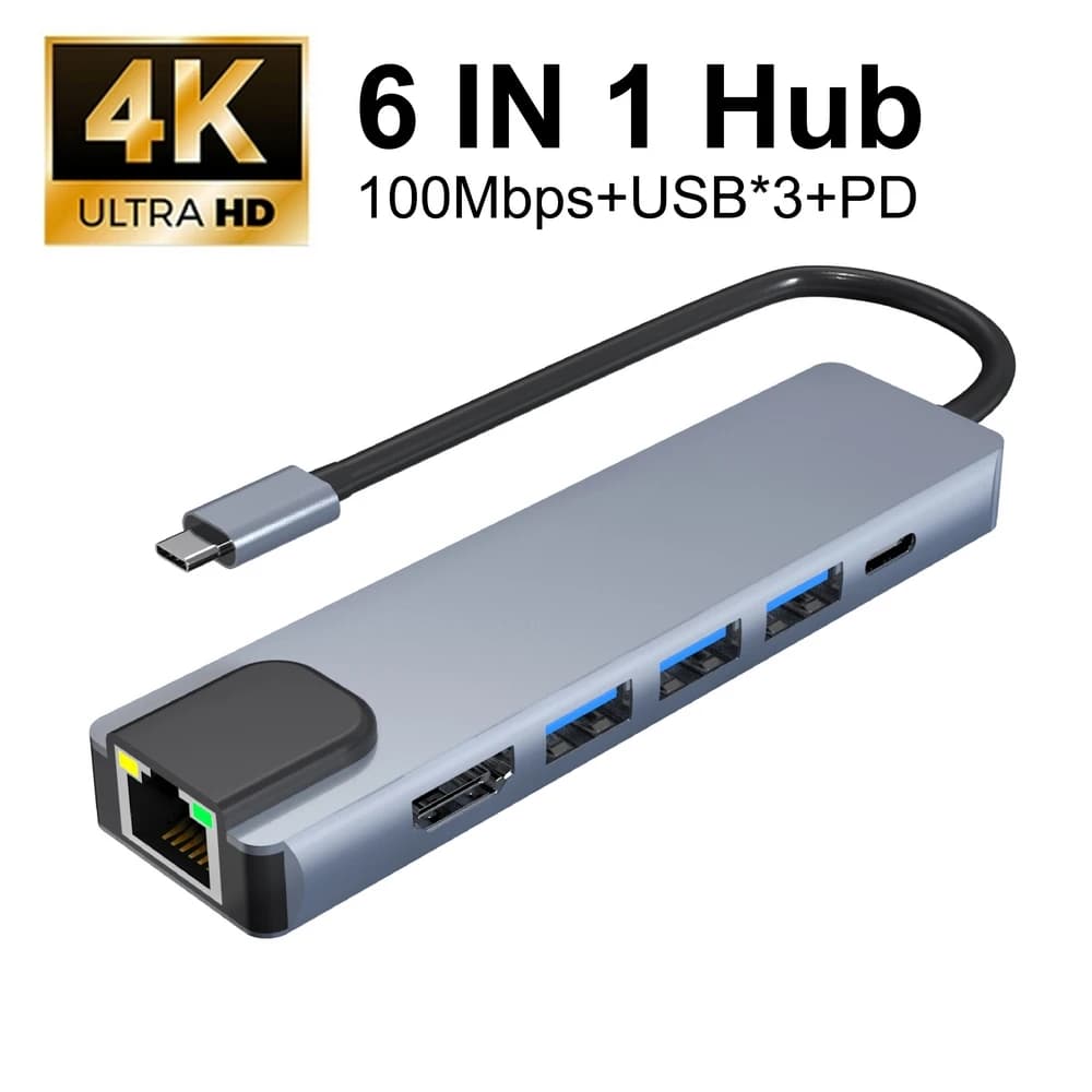 Docking station 6 in 1 with USB-C hub, HDTV 4K at 30 Hz, Ethernet 100 Mbps, 3 USB ports, PD 100 W, multiport adapter for MacBook laptop