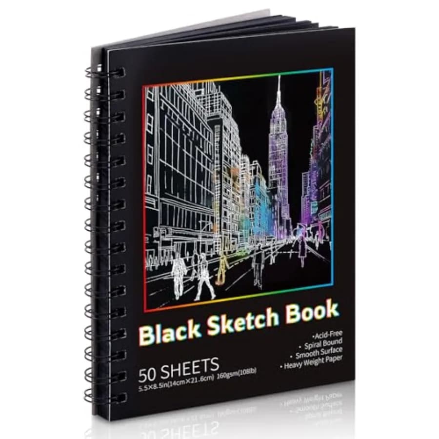 50 Sheets Black Paper Sketchbook, 08 lb/60gsm Heavyweight Black Sketch Pad, Acid-Free Drawg Paper, Spiral Bound Sketch Book for