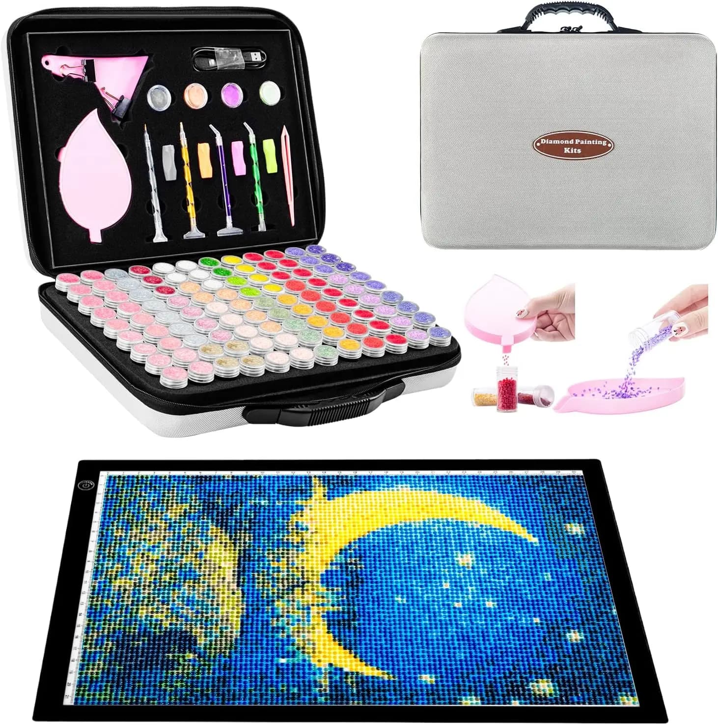 9”x12” LED Light Pad Kits, USB Powered Light Board, Adjustable Brightness Light Box with 108 Slots Jars and Accessories for Diamond Art Painting (Black)