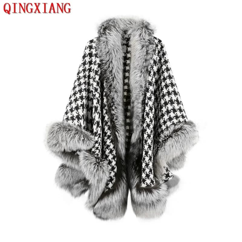 Donna Inverno Spessore Caldo Pied De Poule Poncho Allentato Grande Pendolo Scialle Mantello Grande Pelliccia di Volpe Sintetica Mantello Esterno Street Wear Cappotto Lungo
