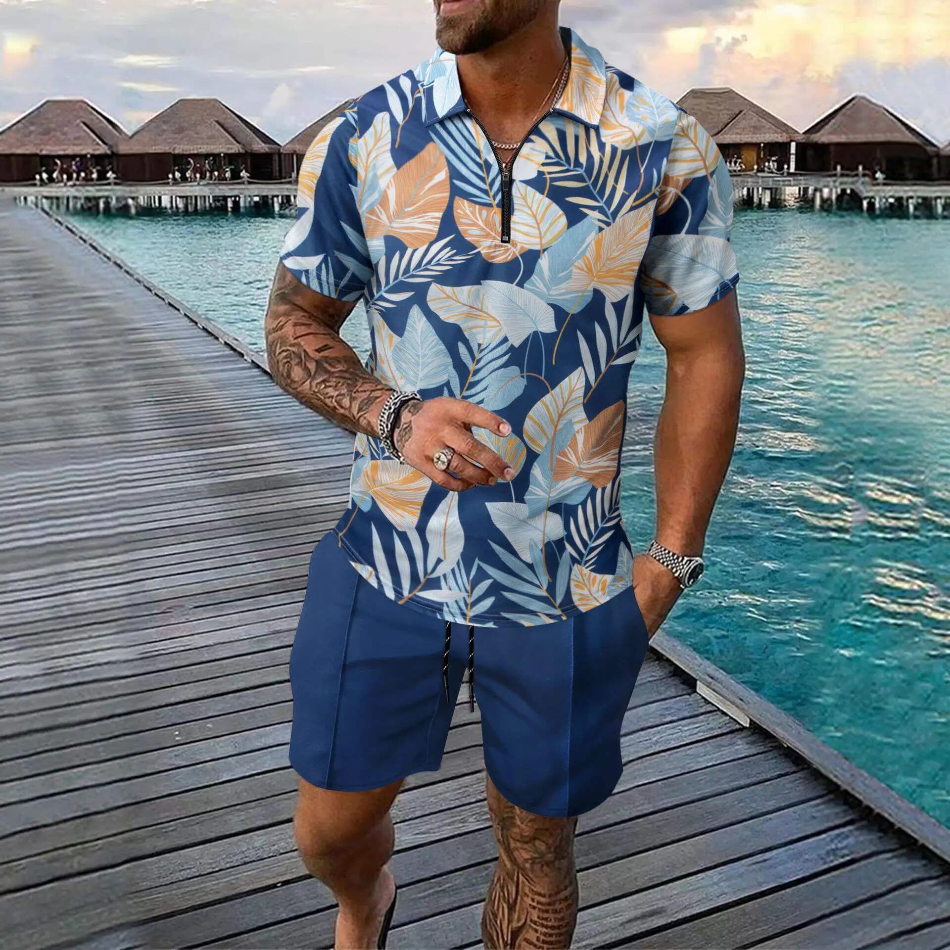 Men's Summer Outdoor Casual Beach Leaf Print Short Sleeve T-Shirt And Shorts Set Zipper Pocket Comfortable Lightweight Set