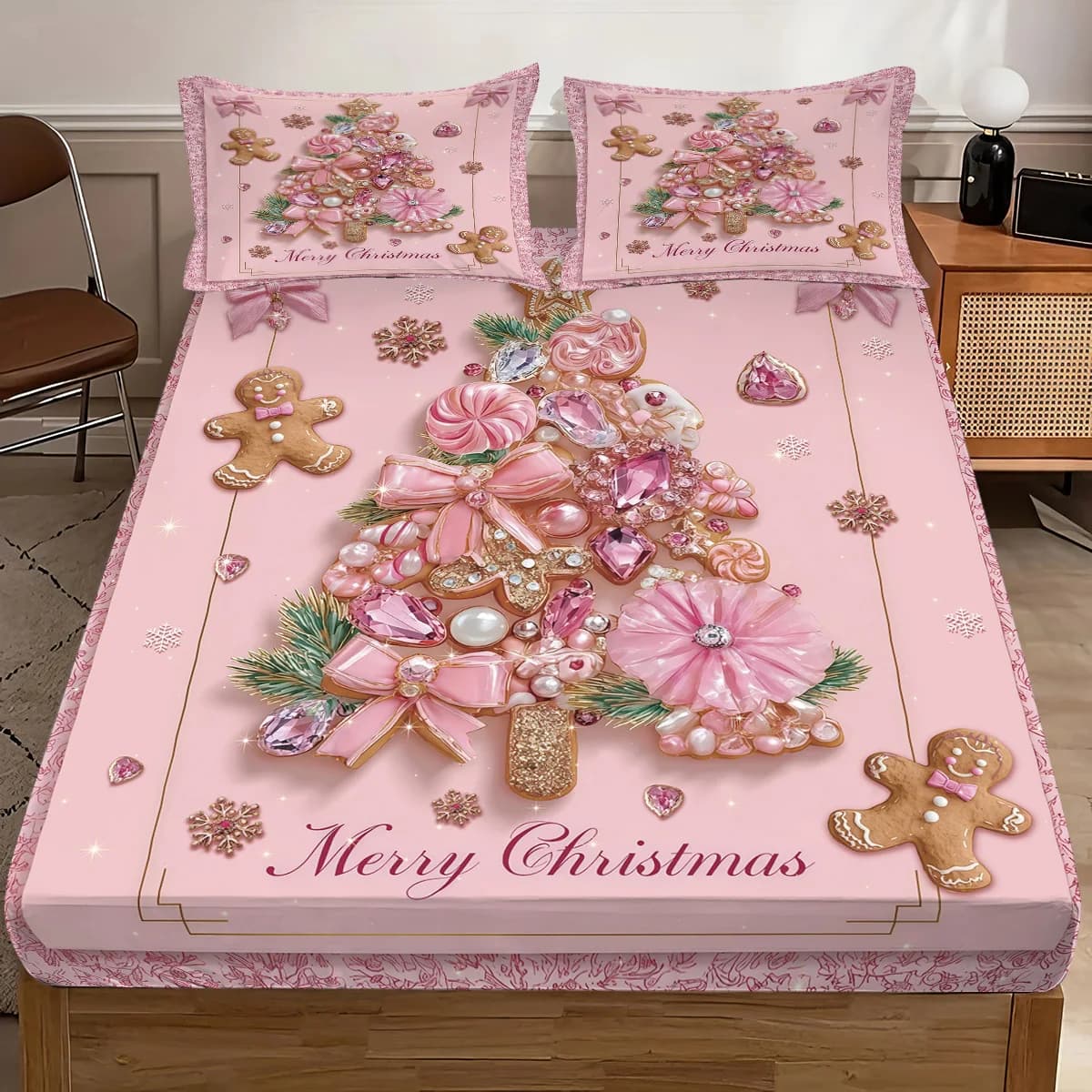 3 pezzi rosa albero di Natale omino di pan di zenzero stampa lenzuola senza anima set copriletto multi dimensioni biancheria da letto camera da letto decorazioni natalizie