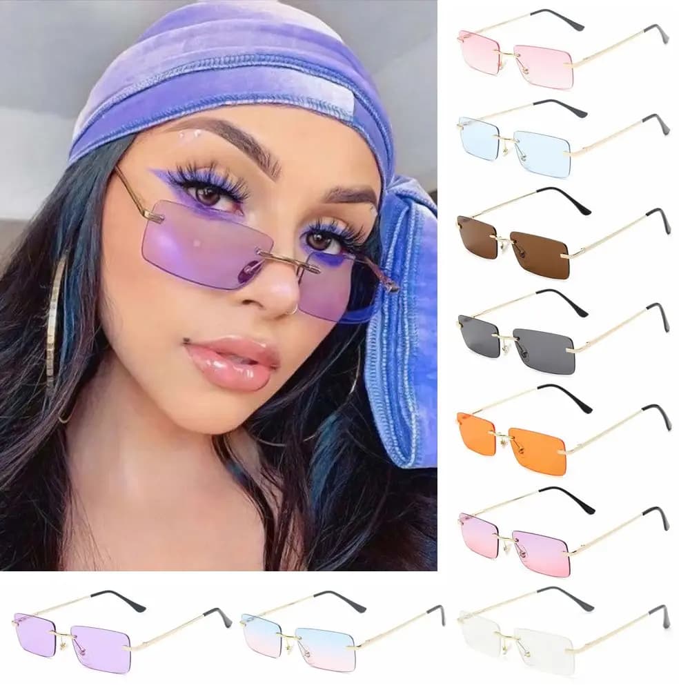 Luxury Design UV400 Retro Small Sun Glasses Rectangle Rimless Women Vintage Sunglasses Gradient Glasses