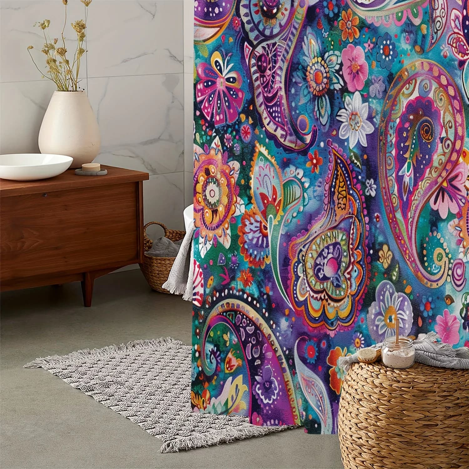 Vintage Mandala Floral Print Shower Curtain with 12 Hooks - Waterproof, Machine Washable Polyester Fabric, Vibrant Blue, Pink