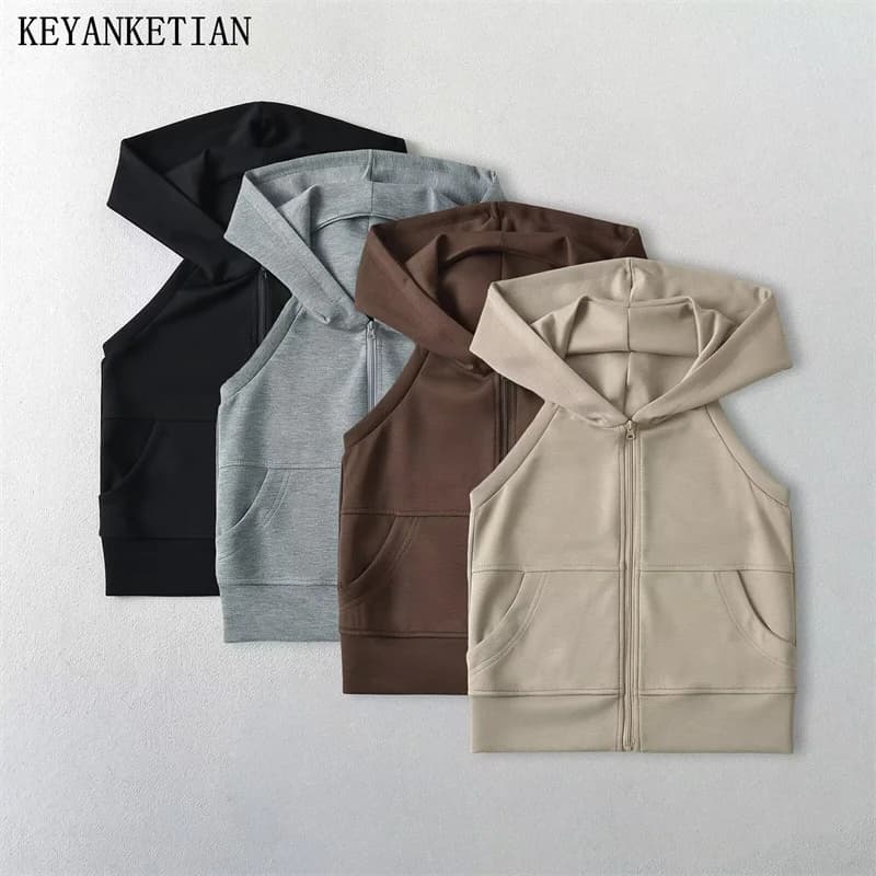 KEYANKETIAN 2024 delle nuove donne senza schienale senza maniche con cappuccio Y2K Spicy Girl tasca a marsupio cerniera sottile tubino Crop Top felpe