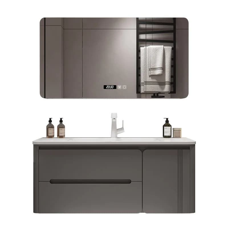 Combinazione di mobili da bagno in quercia, lavabo integrato in ceramica, armadietto a specchio intelligente, lavabo per WC