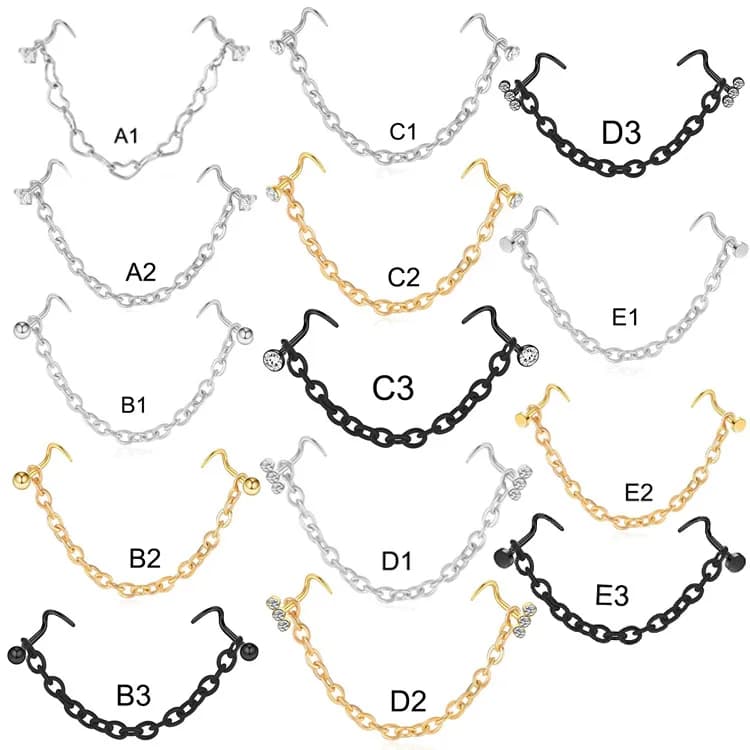 Catena per piercing al naso doppio in acciaio inossidabile Catena per naso Zircone per narice Decorazione per piercing al naso per gioielli da donna