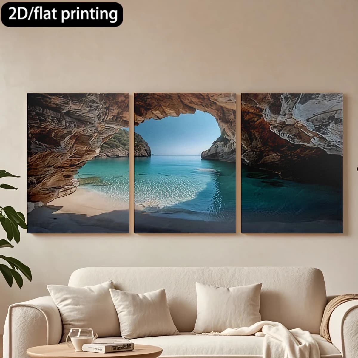 Decorative painting on canvas with wooden frame, 3 pieces. Isolated cave, crystal clear sea, sandy beach. Hall decoration, living room.