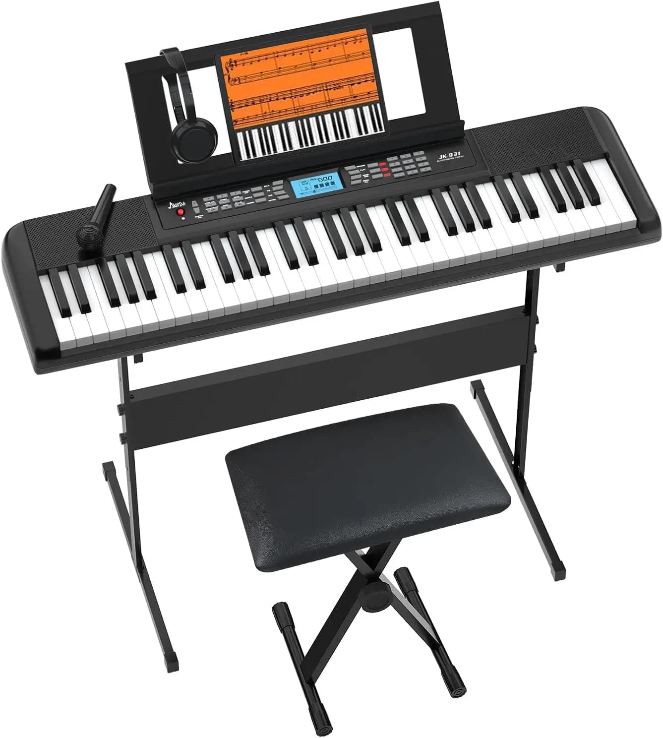 Tastiera Elettrica Portatile a 61 Tasti con Schermo LCD, Altoparlanti, Cuffie, Supporto, Sgabello, Poggiapauta, Microfono