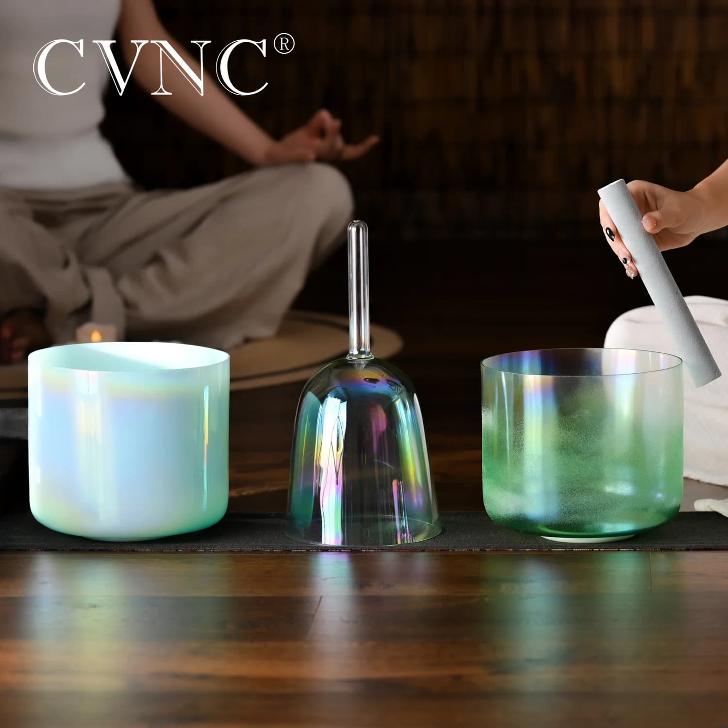 CVNC 6" and 7" green Grail Alchemy Crystal Singing Bowls Set 3 PCS Quartz for Sound Healing instrument with Mallet