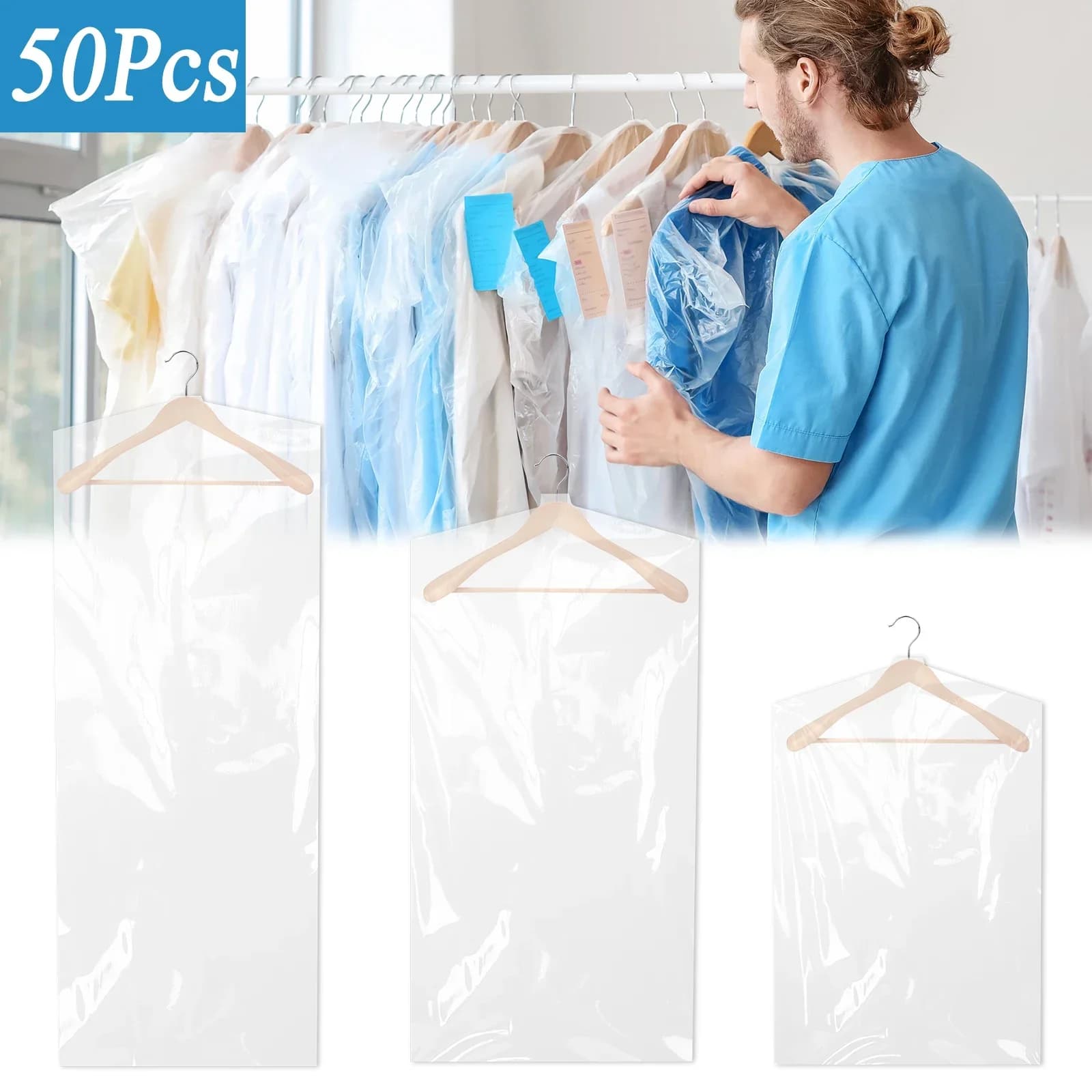 50 Pezzi Copriabiti in Plastica Trasparente, Sacchetti Antipolvere per Lavaggio a Secco, Riutilizzabili, per Abiti da Sposa, Completi e Cappotti