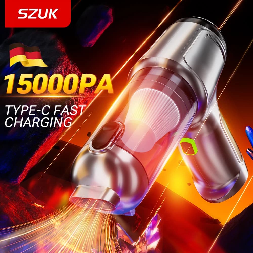 Aspirapolvere per Auto Senza Fili SZUK 15000PA, Soffiatore d'Aria Portatile, Potente Mini Macchina per Pulizia Auto