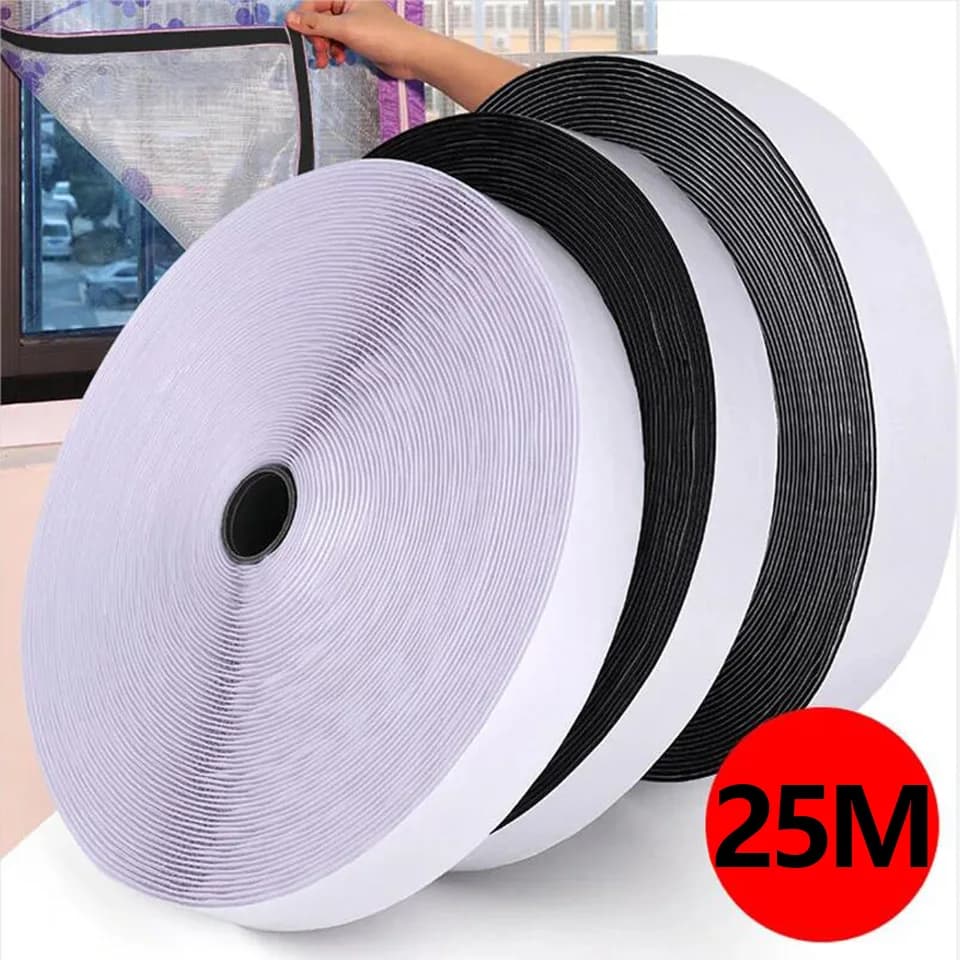 Nastro di fissaggio autoadesivo resistente da 25 metri con gancio e anello Nastro adesivo in nylon bianco nero con colla forte 20/25/30/50MM
