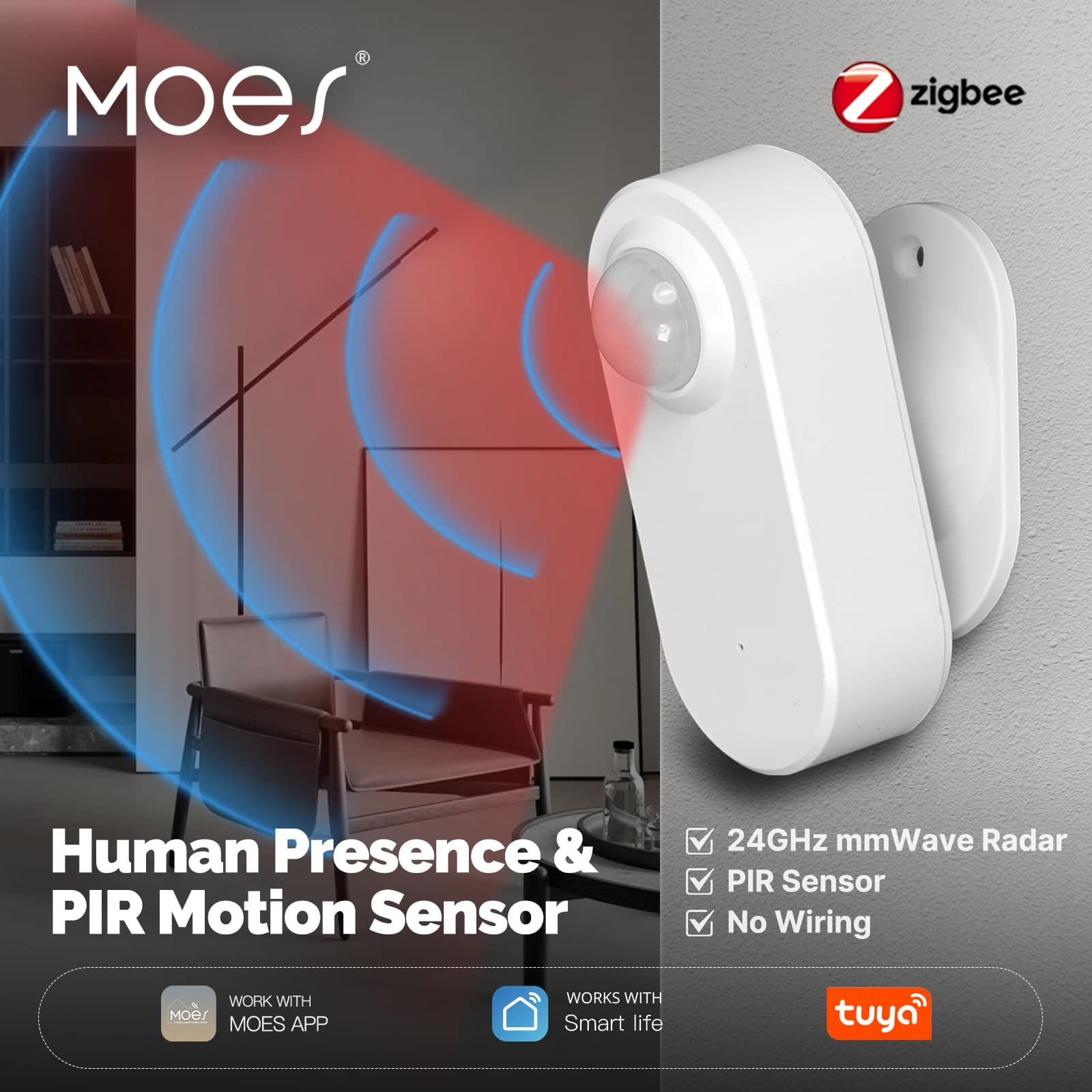 MOES Tuya ZigBee Sensore PIR di presenza umana Radar intelligente 24GHz mmWave App wireless Monitoraggio remoto Rilevamento movimento e movimento