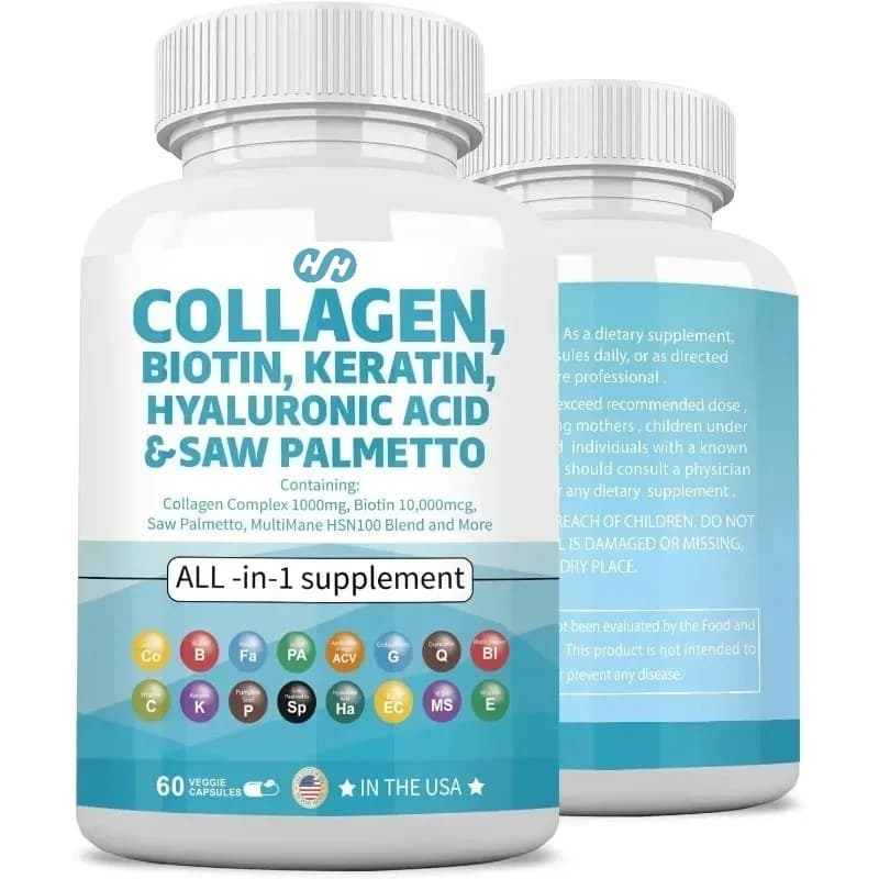 Pillole di Collagene, Biotina, Cheratina, Saw Palmetto, Acido Ialuronico, Vitamine per Capelli, Pelle e Unghie Contenenti Vitamina E, Folato, Semi di Zucca