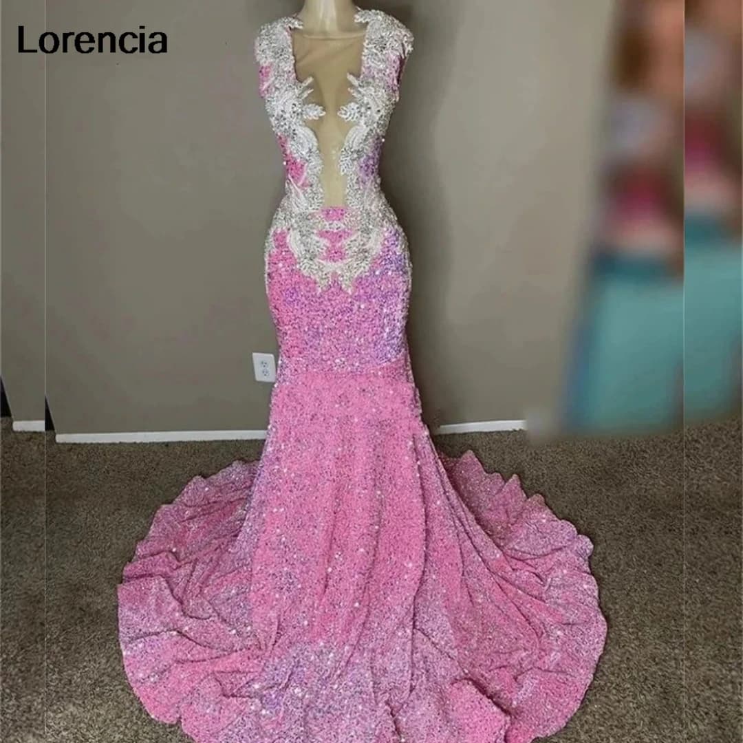 Abito da ballo a sirena rosa scintillante personalizzato per ragazze nere Paillettes Applique in pizzo Perline Abito da sera per feste Robe De Soiree YPD82