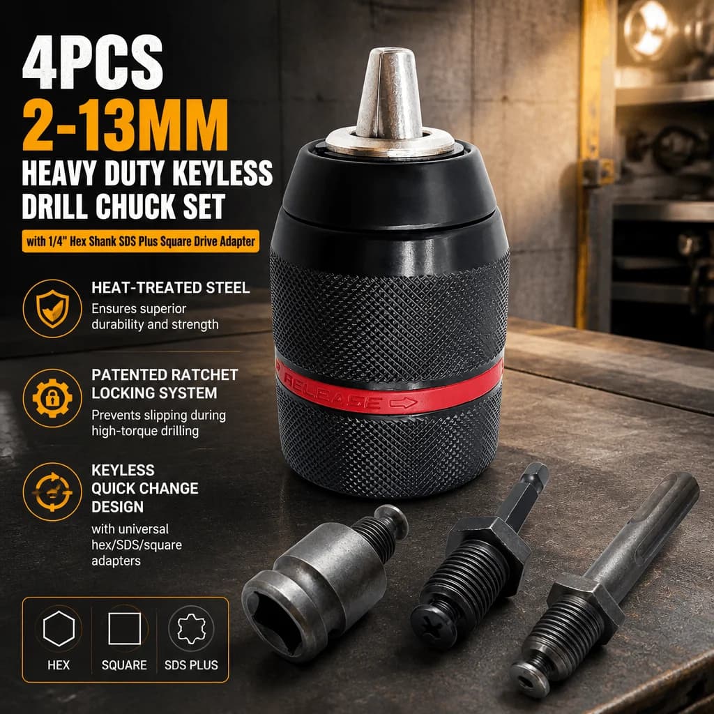 Keyless Drill Chuck Heavy Duty Impact Drill Chuck SDS Plus Adapter Hex Shank Adapter Quick Change 13mm Drill Converter Kit Universal Adapter Set Professional Anti Loosening High Torque For 1050W Industrial Power Tools Contractors Construction Workers DIY