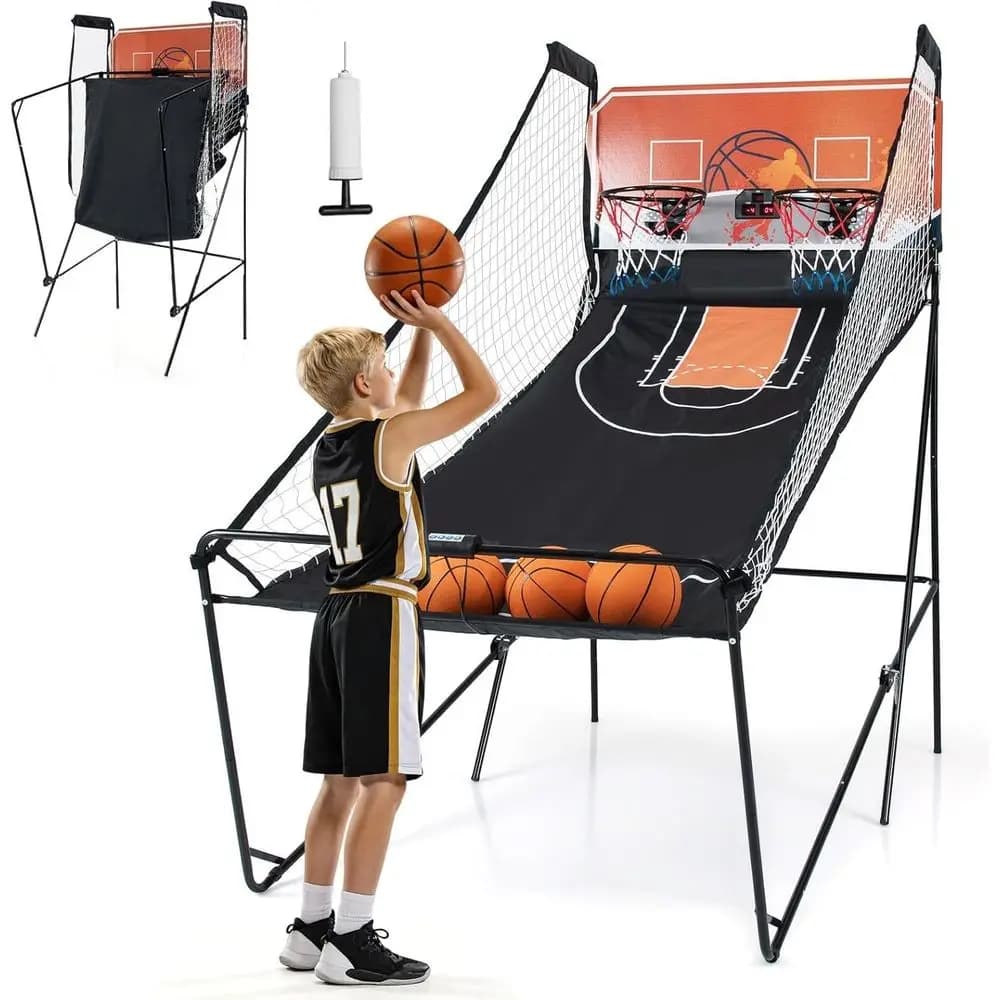 Gioco Arcade Basket a Doppia Tiro con Tabellone Segnapunti LCD, 8 Giochi, 4 Palloni, Adatto per Uso Interno ed Esterno, Ideale per Bambini e