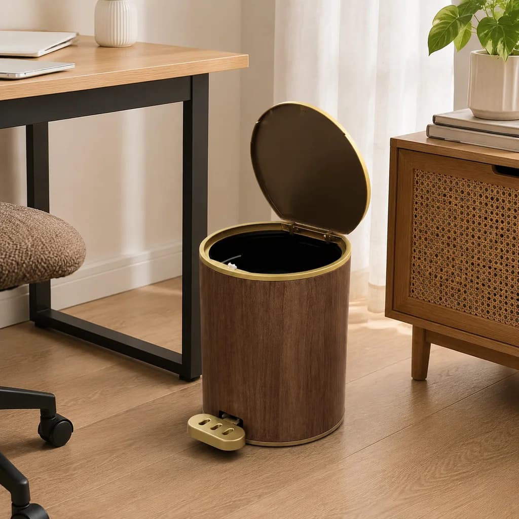 Luxury Wood‑Grain Pedal Waste Bin, Dual‑Access Lidded Household Receptacle, Soft‑Close Odor‑Proof Bin for Apartment Home Decor