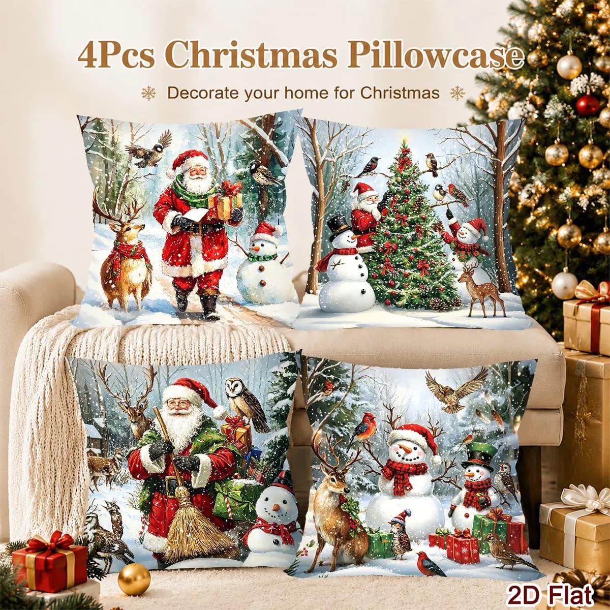 4pcs Christmas Throw Pillow Cover Winter Snow Forest Decorative Pillowcase for Home Sofa Bedroom Decor Christmas Gifts No Insert