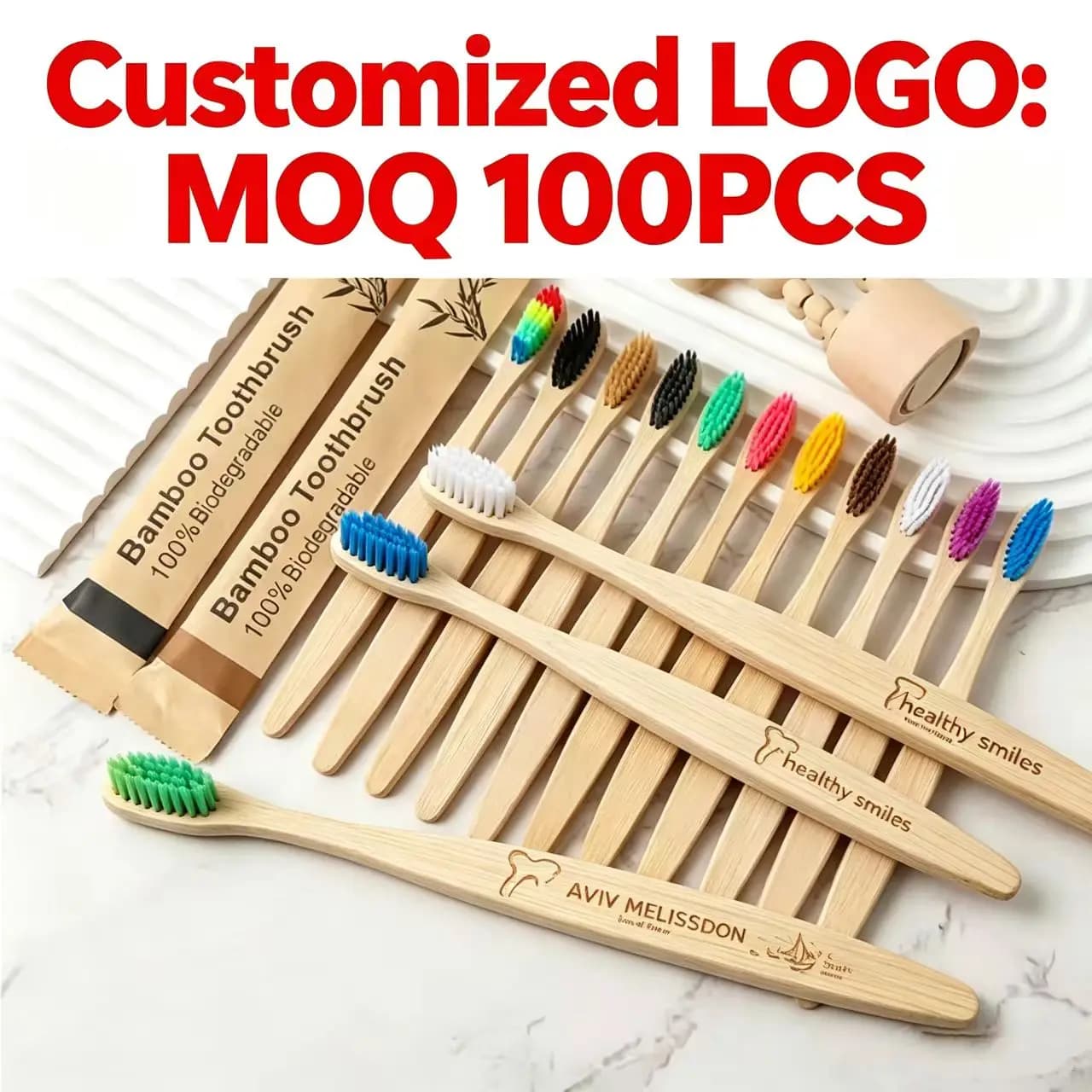 Bamboo Toothbrushes 100Pcs Eco Friendly Resuable Toothbrush Adult Wooden Soft Tooth Brush Customized Laser Engraving Logo