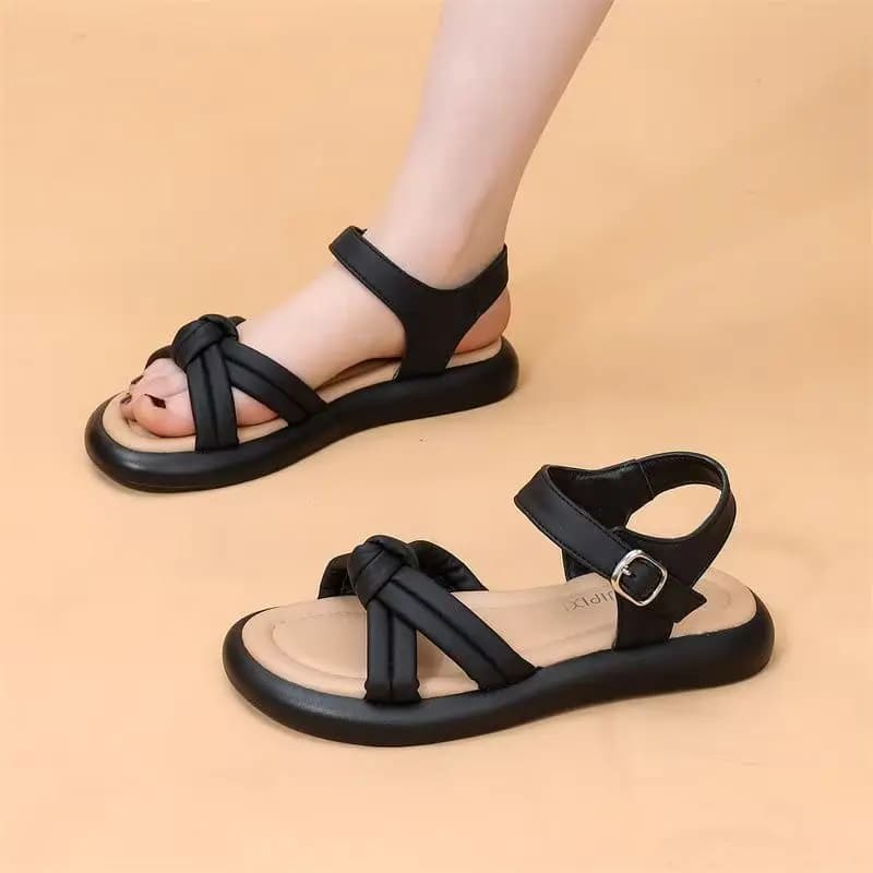 Sandali da donna con suola piatta in pelle con punta aperta, nuovi sandali da spiaggia all'aperto con suola morbida antiscivolo, leggeri e traspiranti in velcro