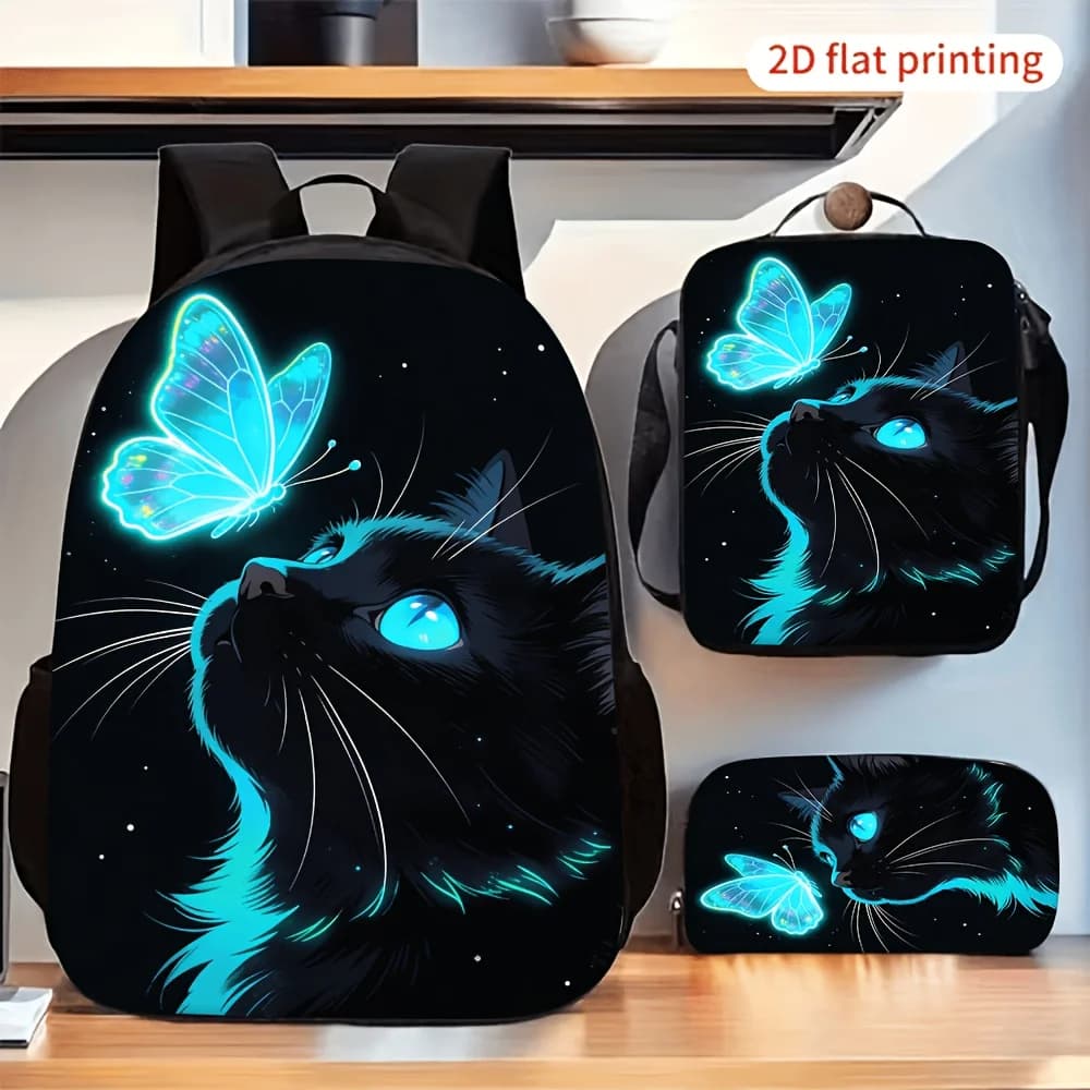 3pcs Fashion Casual Backpack Set, Black Cat Blue Butterfly Print Daily Backpack, Portable Large Capacity Backpack with Matching