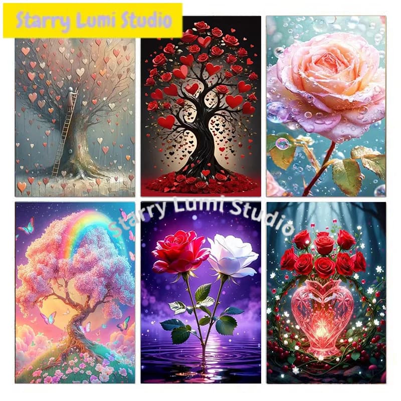 Set di pittura con diamanti 5D fai da te per San Valentino, con tema floreale e alberi, adatto per adulti e principianti.