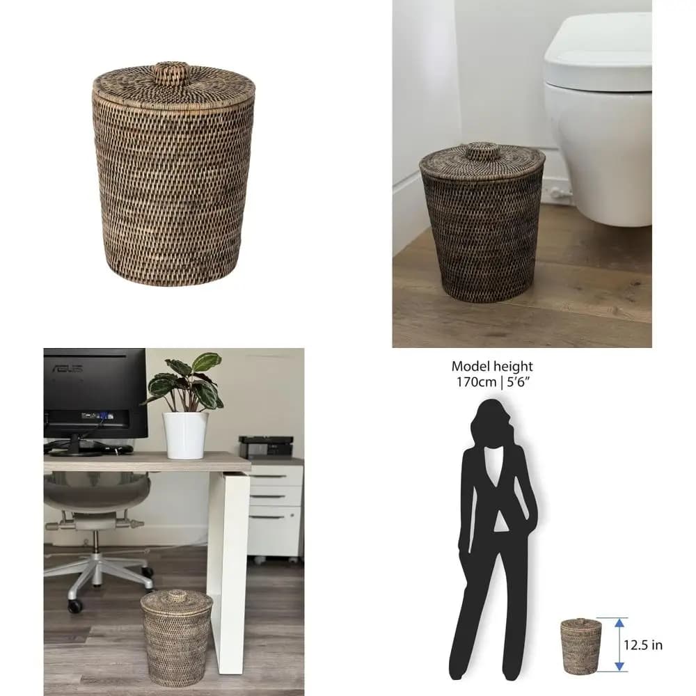 Cestino per rifiuti rotondo in rattan con coperchio e inserto in plastica, finitura lavaggio nero, ecologico ed elegante per uso domestico