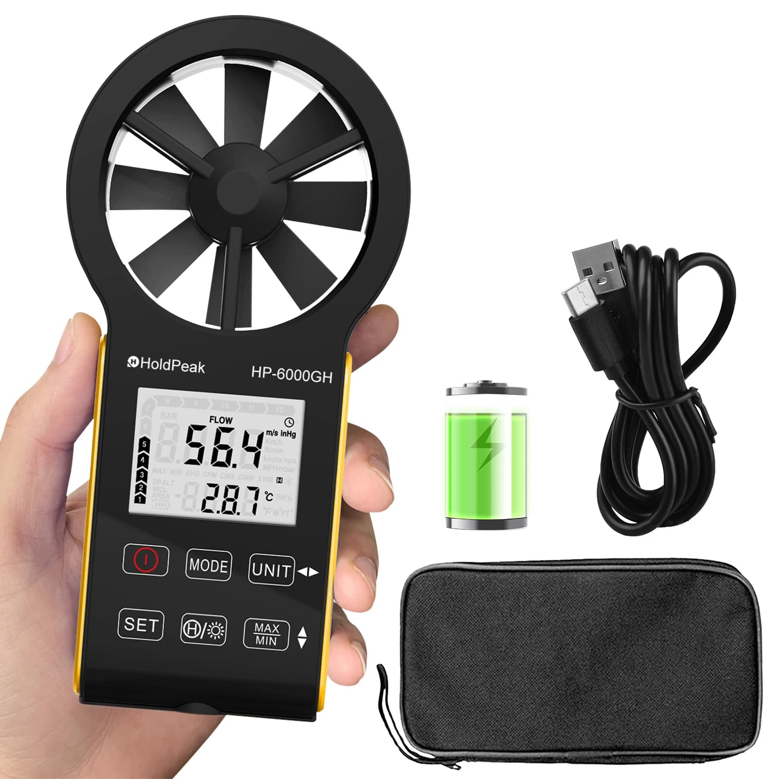 Anemometro digitale con misurazione della temperatura e del flusso d'aria, retroilluminazione, MAX/MIN, ricarica di tipo C, impermeabile IP67 per HVAC/Droni