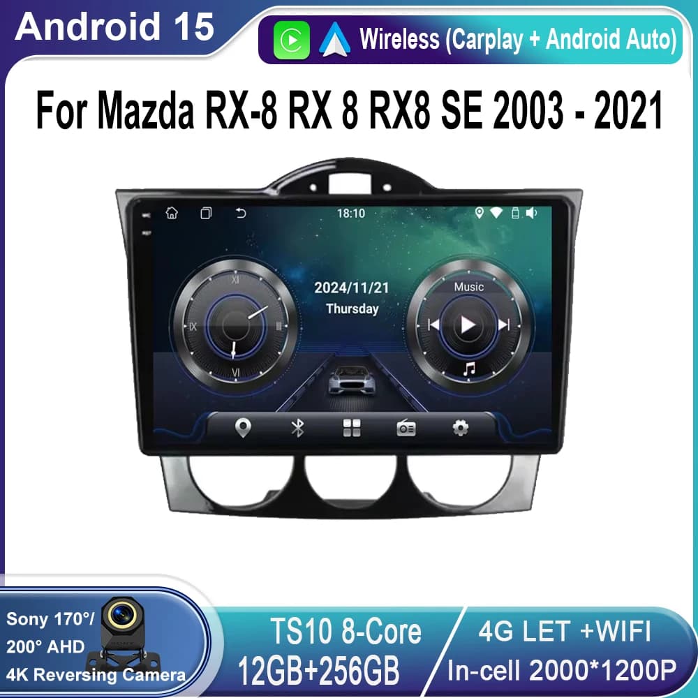 Android 15 For Mazda RX-8 RX 8 RX8 SE 2003 - 2021 Car Video Multiemdia Player Radio Carplay GPS QLED Monitors IPS Screen BT WIFI