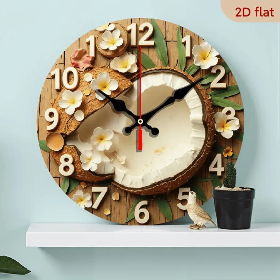 2D Flat 1pc 10Inch wall-mounted clock, Coconuts and tropical flowers round wooden wall-mounted clock, battery-powered excluding
