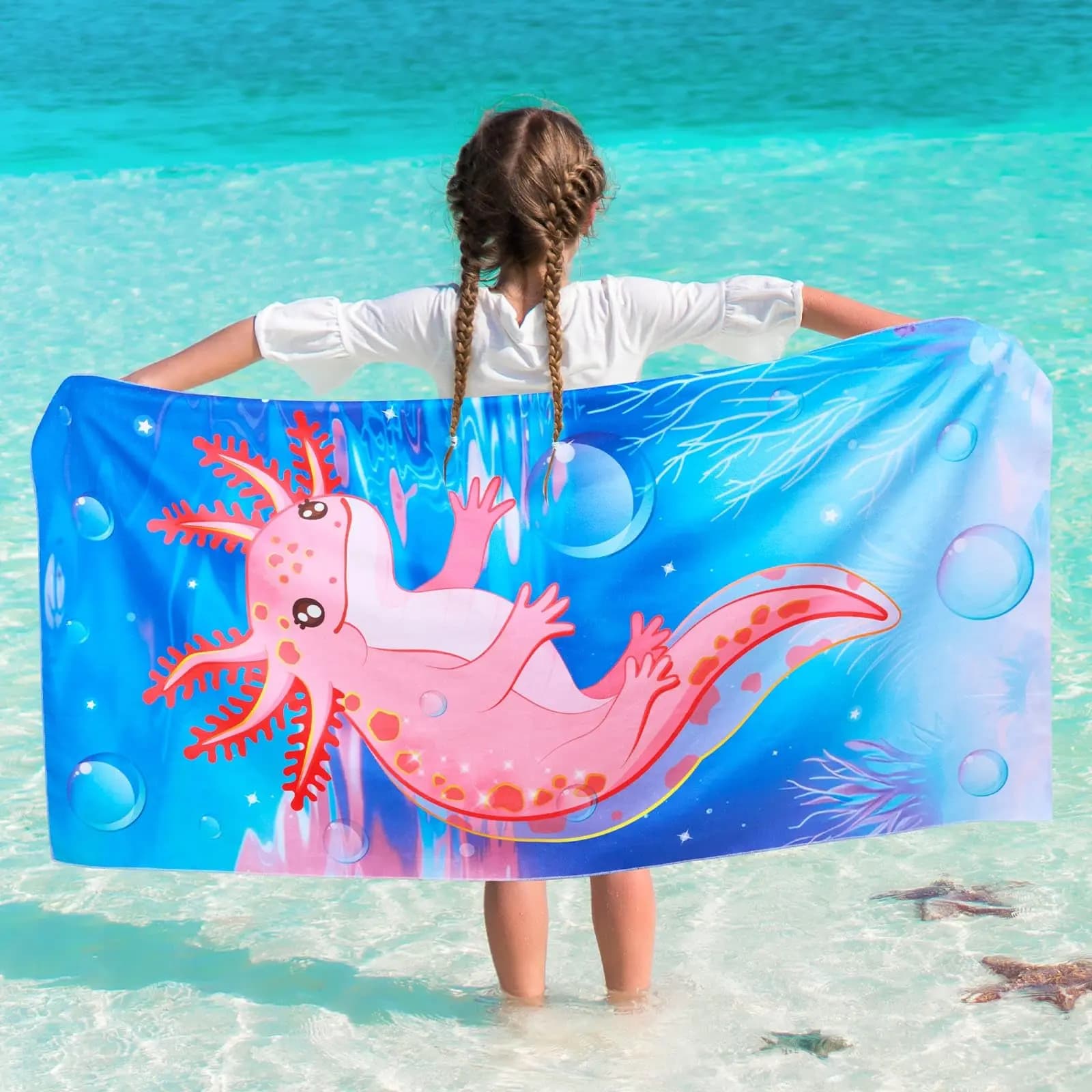 Telo mare oversize rosa con axolotl per bambini, in microfibra ad asciugatura rapida, leggero, per piscina e viaggi, per ragazzi e ragazze