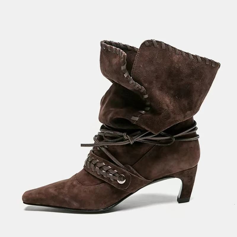 Liyke Autunno Inverno Marrone Tessuto in pelle scamosciata Lace-up Donna Piega Stivaletti a pieghe Moda Tacchi bassi sottili Chelsea Scarpe da donna occidentali