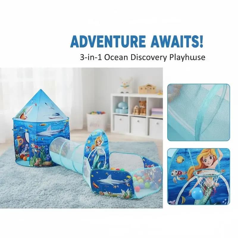 Centro attività 3 in 1 per bambini con tunnel per gattonare e canestro da basket, per giardino, sala giochi, soggiorno, casetta pieghevole a tema oceano blu, borsa per il trasporto, cinghie di fissaggio, 250x120x95cm