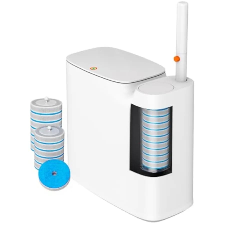 Set di bidoni per la spazzatura da bagno, bidone bianco piccolo da 2 galloni con coperchio, spazzola per WC usa e getta, portaoggetti e 12 ricariche, modello slim.