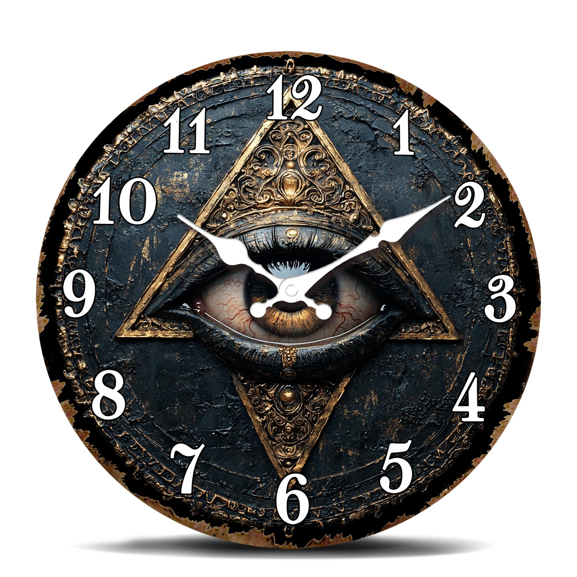 All-Seeing Eye Triangle Wall Clock - Print with Mystic occult symbols - Round watch with silent esoteric decoration and without ticking