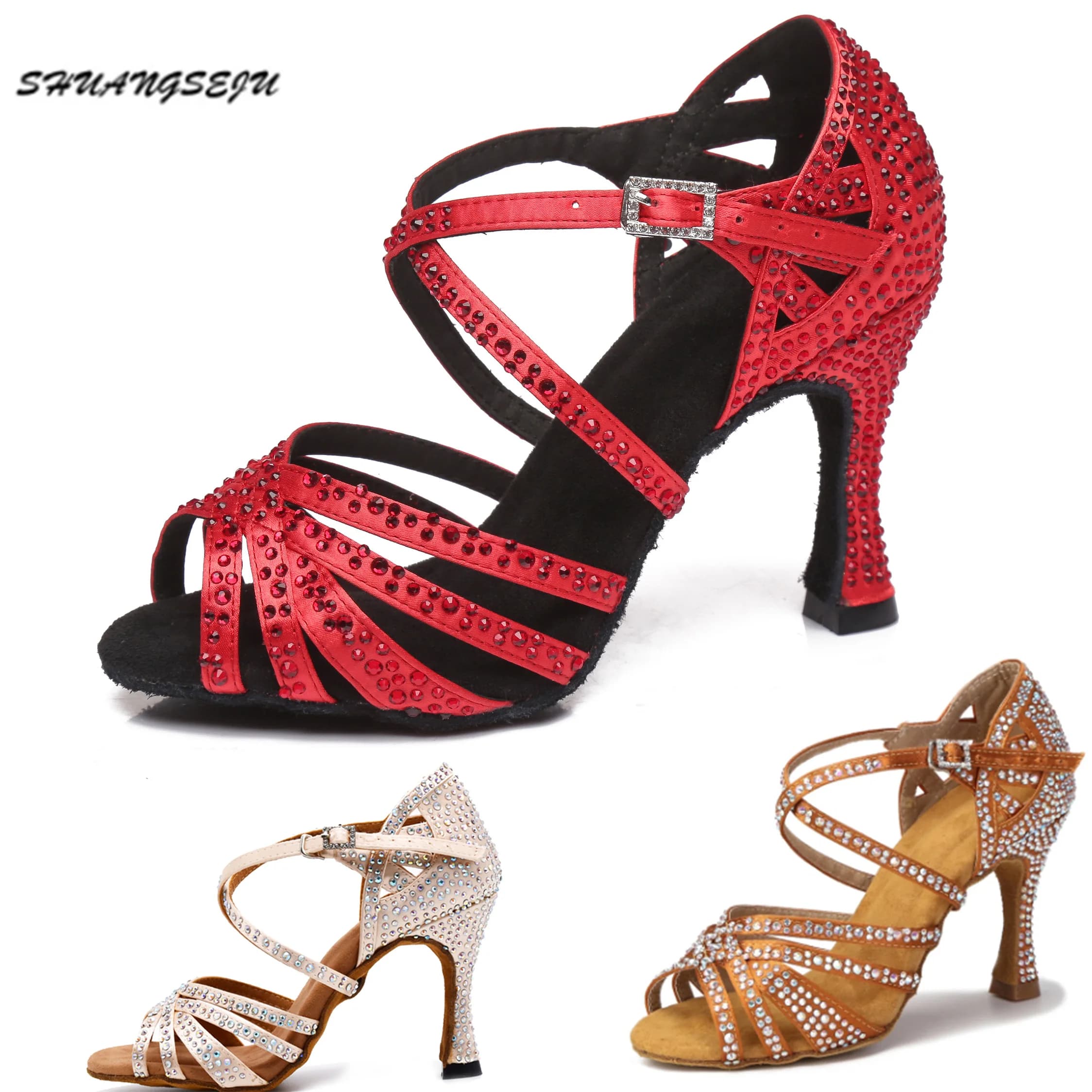 SHUANGSEJU 2026 Nuove Scarpe da Ballo Latino Donna con Strass, Scarpe da Ballo Standard Nazionali Salsa Cha Cha Tacco 6-7.5-9cm