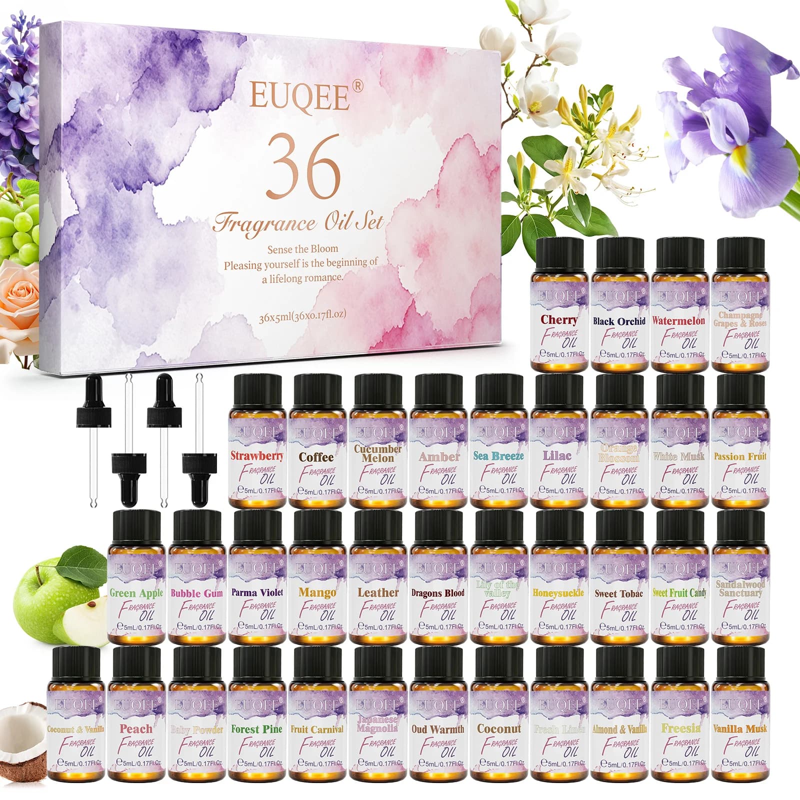 EUQEE 36 Bottles Fragrance Oils Coconut & Vanilla Sea Breeze Bubble Gum Baby Powder Amber Strawberry Cherry Mango Aroma Oil