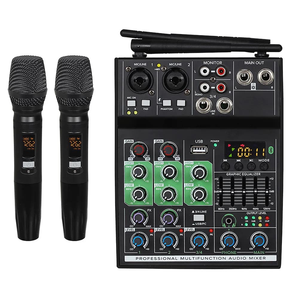 GT4 Mixer Audio a 4 canali con 1 Drag 2 Console di missaggio per microfoni Wireless con effetto USB Bluetooth per chitarra per PC DJ Karaoke