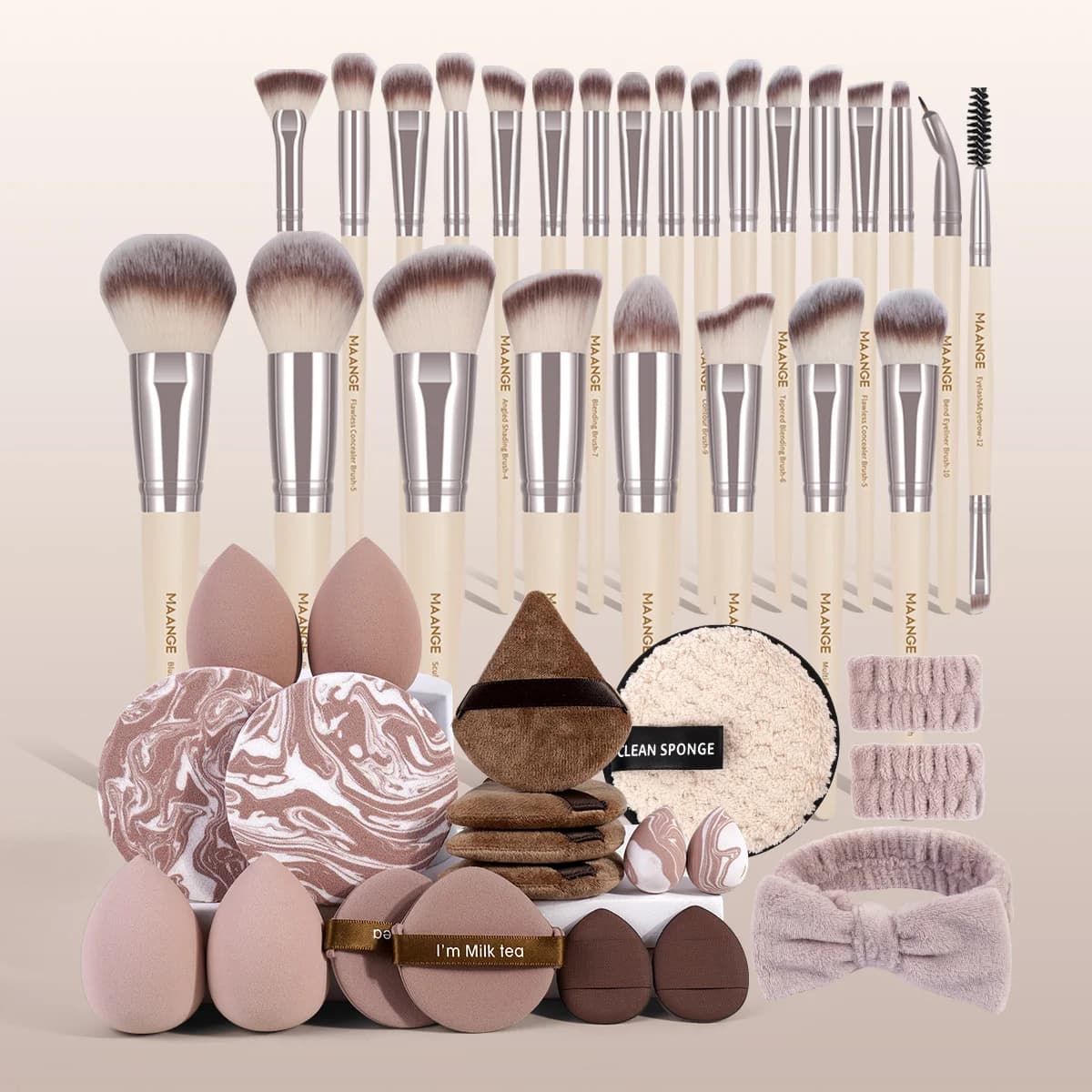 MAANGE Set regalo pennelli per trucco 25 pezzi Pennelli per viso e occhi 17 pezzi Tutti i tipi di soffio per trucco e cinturino da polso per fascia per capelli per principianti