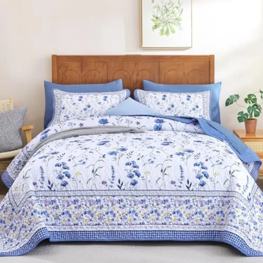 Set Copriletto Floreale 3 Pezzi, Trapunta Stile Giardino con Stampa Floreale, Set Biancheria da Letto Trapuntata Leggera Stile Rustico Primaverile