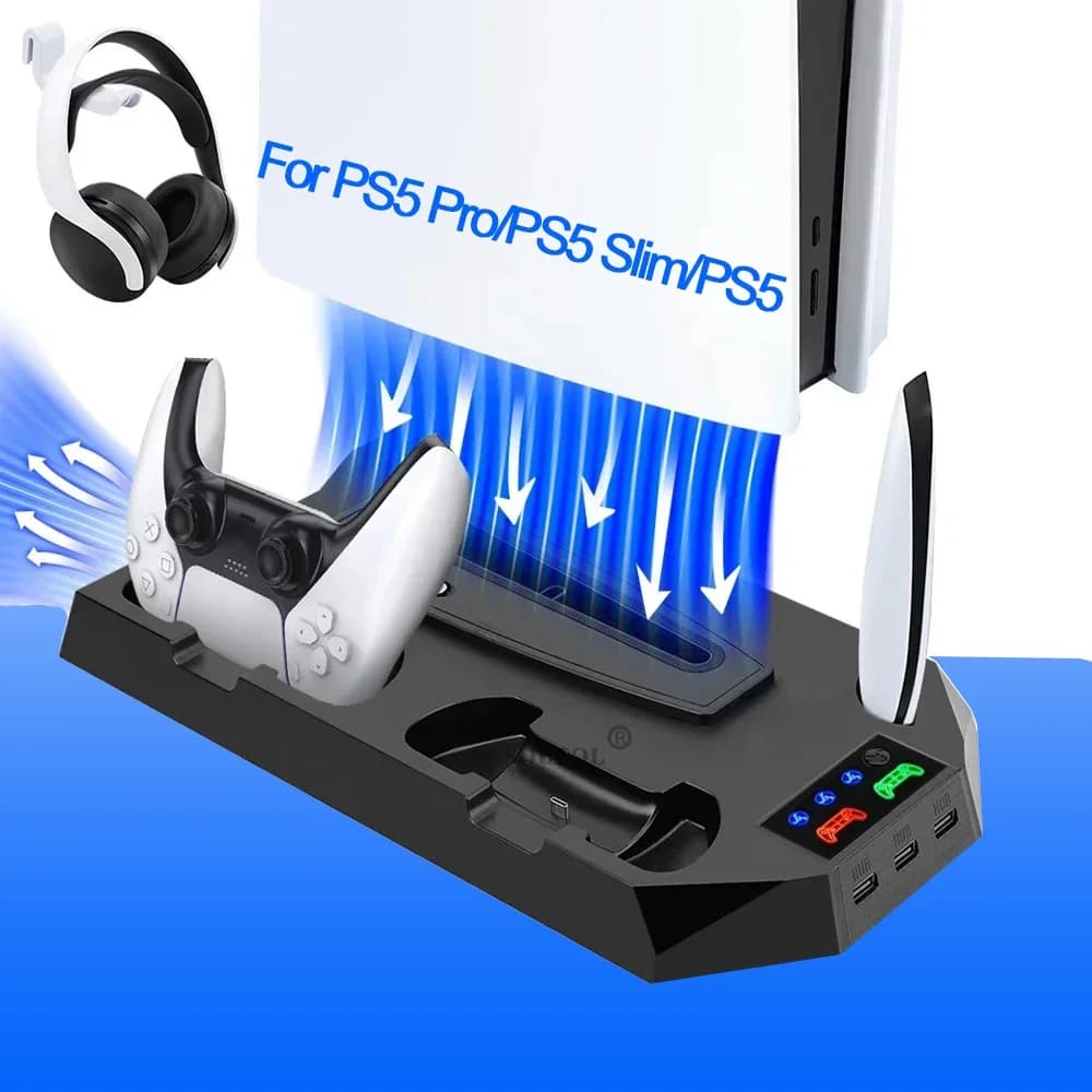 Per PS5 Pro /PS5 Slim/PS5 Supporto con gancio per cuffie Supporto di raffreddamento Stazione di ricarica controller per P5 con ventola di raffreddamento a 3 livelli