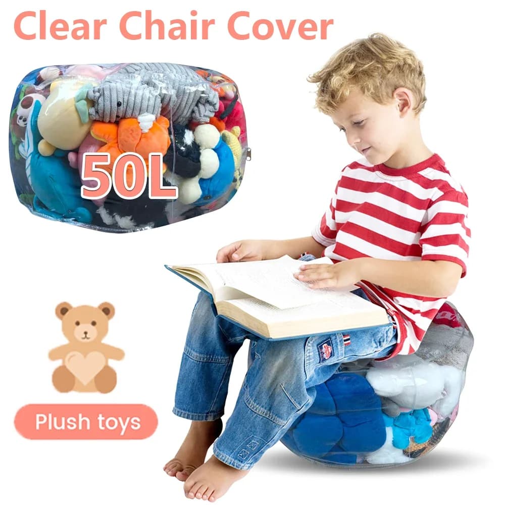 Coprisedile a sacco da 50L trasparente in PVC impermeabile per animali di peluche, contenitore per giocattoli e vestiti per bambini con cerniera