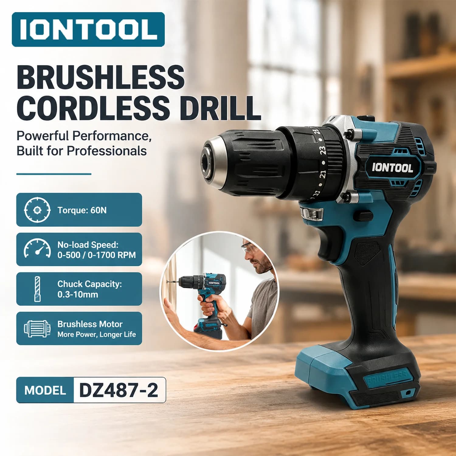IONTOOL 60N Cordless Drill Driver Tool For Screw Driving Wood Drilling Bracket Installation Home Assembly For Makita 18V Battery