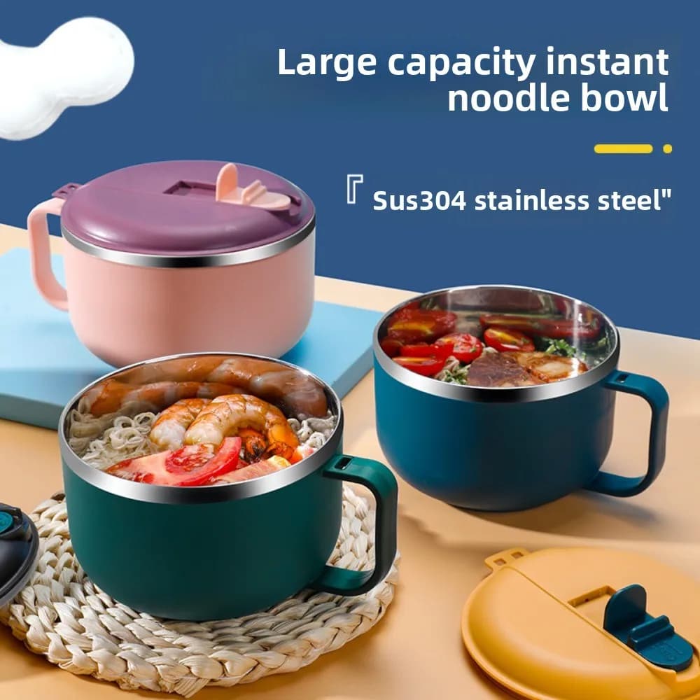 Stainless Steel Large Noodle Bowl with Lid, Sealed Soup Bowl, Rice Box, Noodle Container, Fast Food Cup, Drip-Free Portable